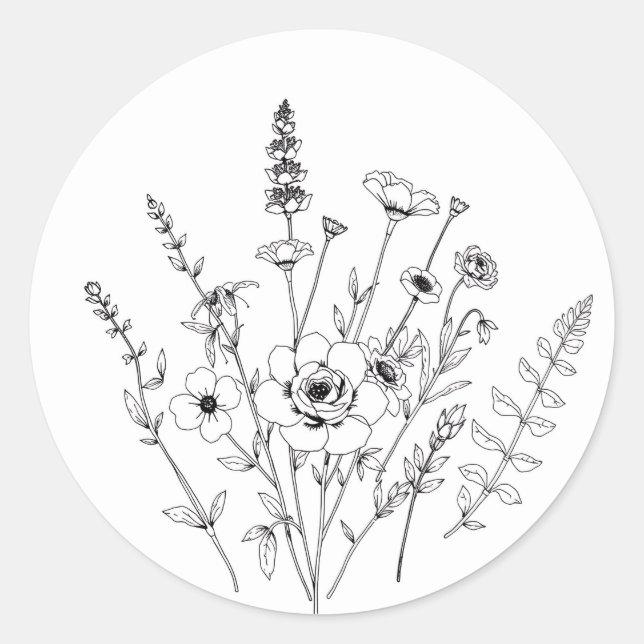 Hand Drawn Black and White Delicate Floral  Classic Round Sticker (Front)
