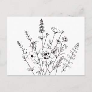 Hand Drawn Black and White Delicate Floral Postcard