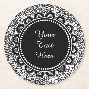 Hand Drawn Black and White Flower Pattern Custom Round Paper Coaster