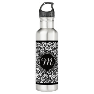 Hand Drawn Black and White Flower Pattern Monogram 710 Ml Water Bottle