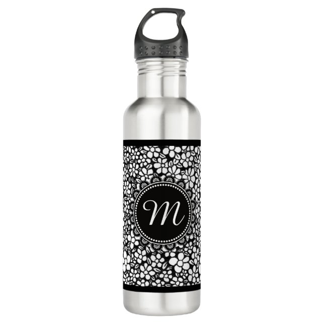 Hand Drawn Black and White Flower Pattern Monogram 710 Ml Water Bottle (Front)