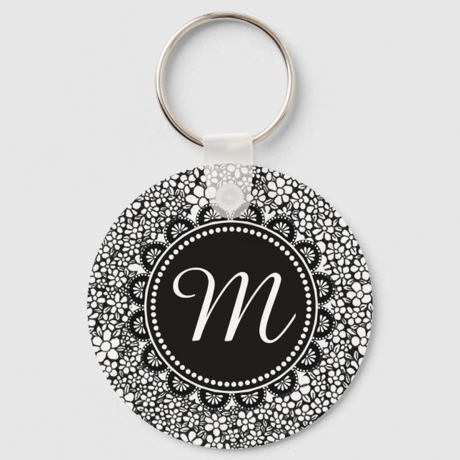 Hand Drawn Black and White Flower Pattern Monogram Keychain (Front)