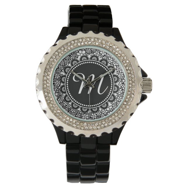Hand Drawn Black and White Flower Pattern Monogram Watch (Front)