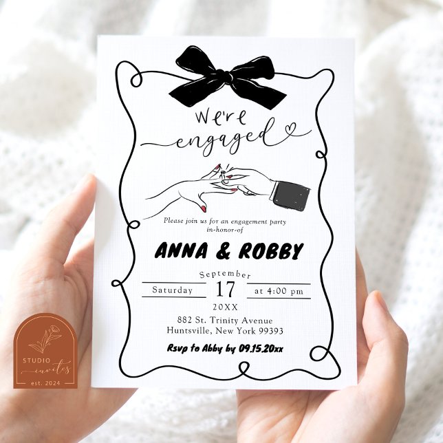 Hand Drawn Black Bow Engagement Party Invitation (Creator Uploaded)