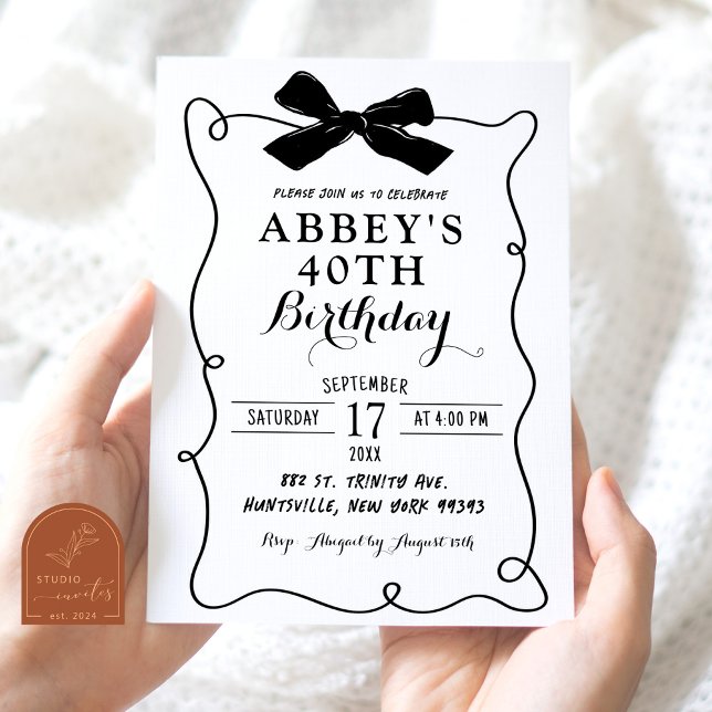 Hand Drawn Black Bow Illustrated Adult Birthday Invitation (Creator Uploaded)