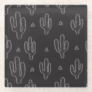 Hand Drawn Black Cactus Pattern Glass Coaster