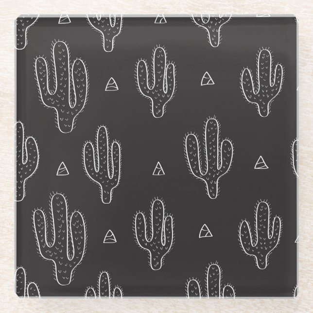 Hand Drawn Black Cactus Pattern Glass Coaster (Front)