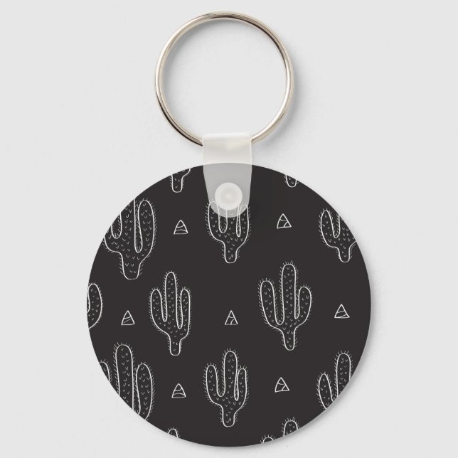 Hand Drawn Black Cactus Pattern Keychain (Front)