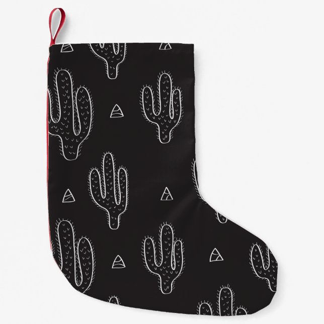 Hand Drawn Black Cactus Pattern Small Christmas Stocking (Front)