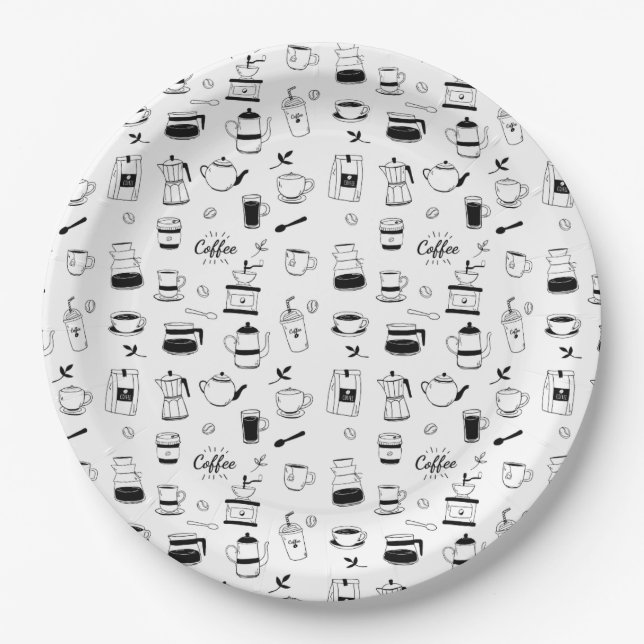 Hand Drawn Black Coffee and Cafe Pattern Paper Plate (Front)