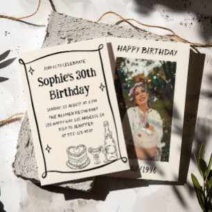 Hand Drawn Black & Cream 30TH Birthday Photo Invitation