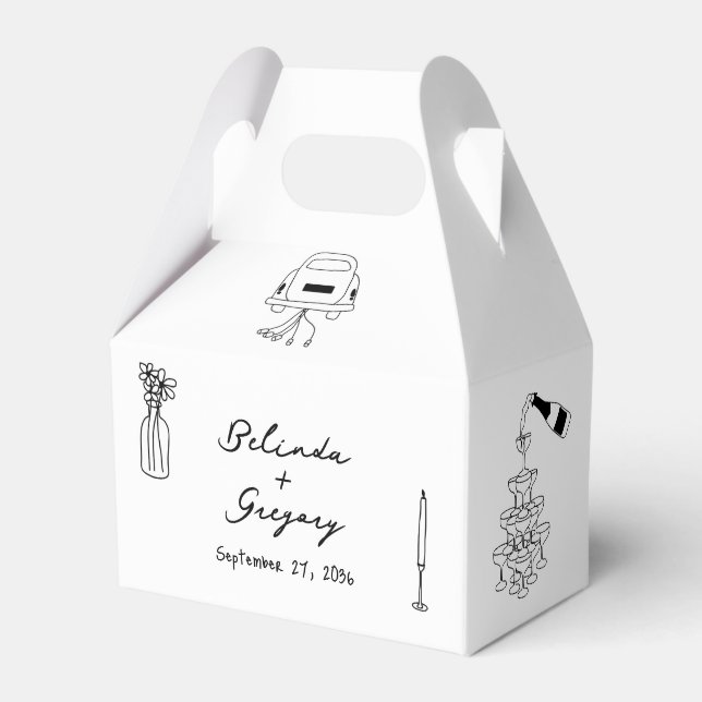 Hand Drawn Black Illustrations Doodles Wedding Favor Box (Front Side)