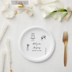 Hand Drawn Black Illustrations Doodles Wedding Paper Plate