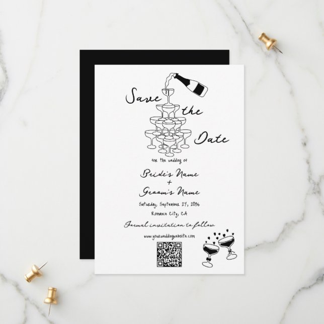 Hand Drawn Black Illustrations Doodles Wedding Save The Date (Front/Back In Situ)