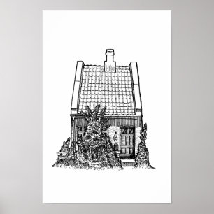 Hand-Drawn Black Ink Sketch of Traditional Europea Poster