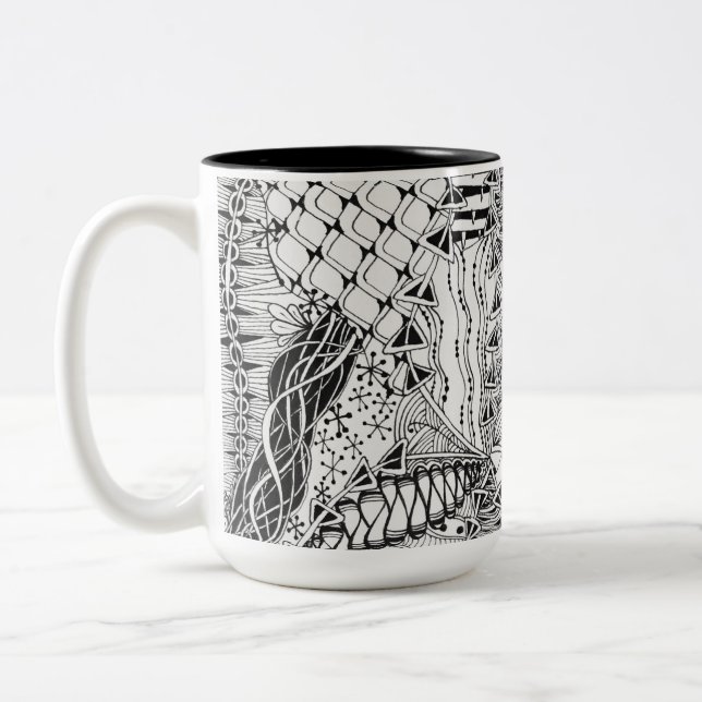 Hand-Drawn Black & White Doodle Pattern Art ZIA Two-Tone Coffee Mug (Left)