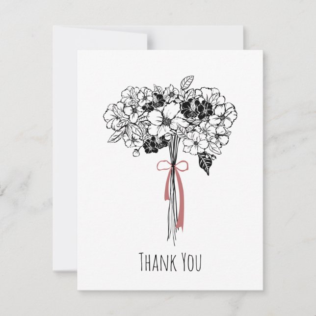 Hand drawn Black & White Floral Bouquet Thank You  Card (Front)