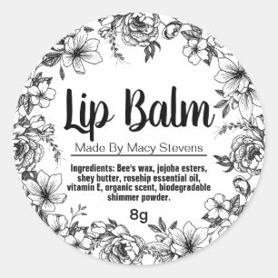Hand Drawn Black White Flowers Lip Balm Pot Labels