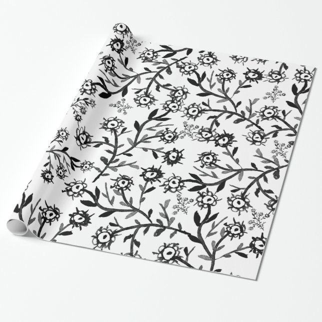 Hand drawn black white watercolor flowers wrapping paper (Unrolled)