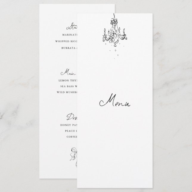 Hand Drawn Black & White Wedding Dinner Menu Card (Front/Back)