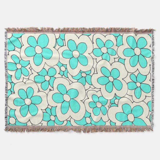 Hand Drawn Blue and Cream Flower Design Throw Blanket (Front)