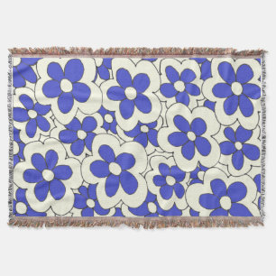 Hand Drawn Blue and Cream Flower Design Throw Blanket