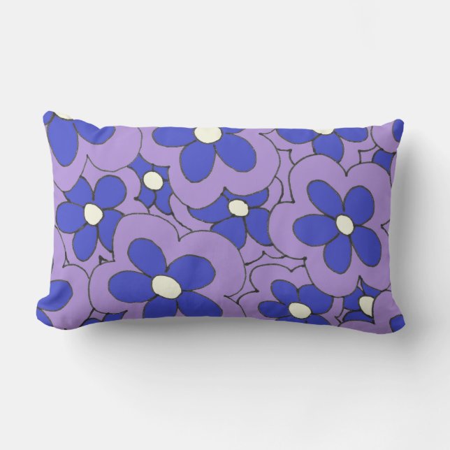 Hand Drawn Blue and Purple Flower Design Lumbar Pillow (Front)