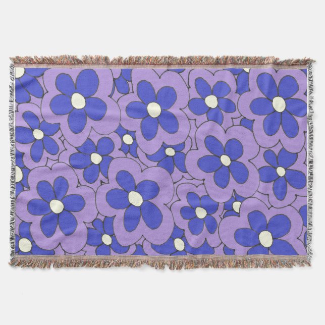 Hand Drawn Blue and Purple Flower Design Throw Blanket (Front)