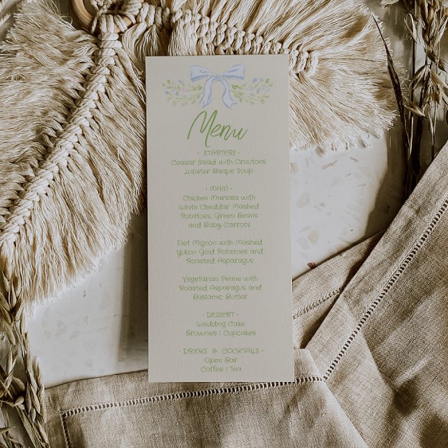Hand Drawn Blue Bow Floral Summer Wedding Menu  (Créateur téléchargé)