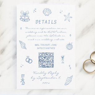 Hand Drawn Blue Coastal Wedding Details QR Code Enclosure Card