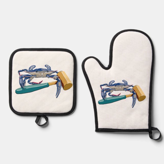 Hand Drawn Blue Crab with Hammer Mallet Crab Boil Oven Mitt & Pot Holder Set (Front)