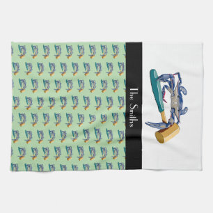 Hand Drawn Blue Crab with Hammer Mallet Customize Kitchen Towel