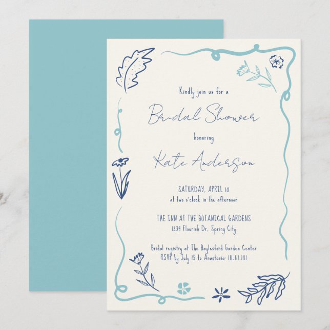 Hand Drawn Blue Floral Wavy Frame Bridal Shower Invitation (Front/Back)