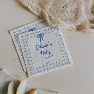 Hand Drawn Blue Gingham Bow Baby Boy Shower Napkin