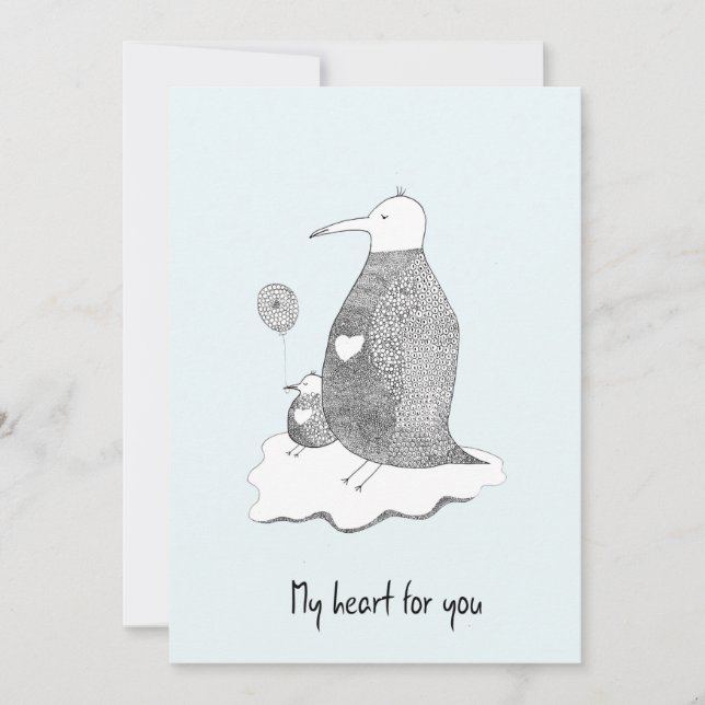 Hand Drawn Blue Greeting Card Penguin Family Heart (Front)