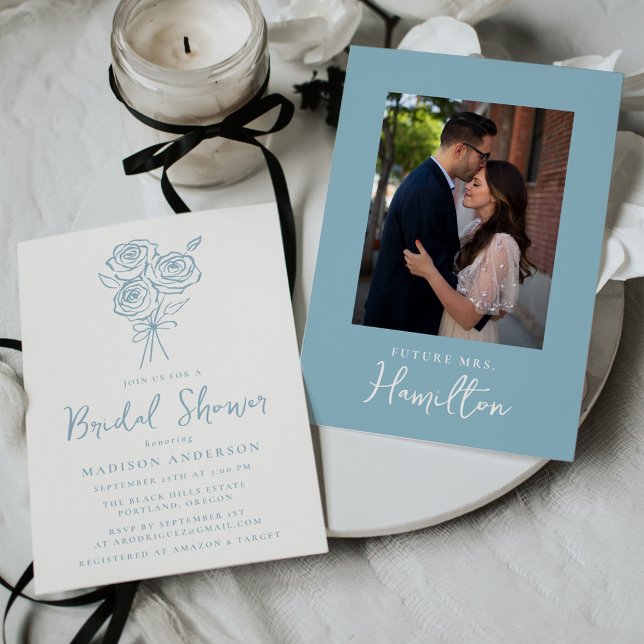 Hand-Drawn Blue Rose Bouquet Photo Bridal Shower Invitation (Creator Uploaded)