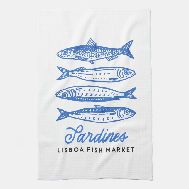 Hand Drawn Blue Sardines  Kitchen Towel (Vertical)