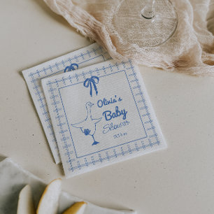 Hand Drawn Blue Silly Goose Ribbon Baby Boy Shower Napkin