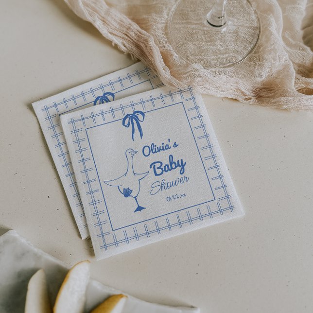 Hand Drawn Blue Silly Goose Ribbon Baby Boy Shower Napkin (Creator Uploaded)