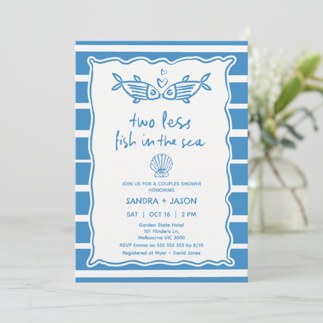 Hand Drawn Blue Stripe Fish Couples Bridal Shower Invitation (Standing Front)