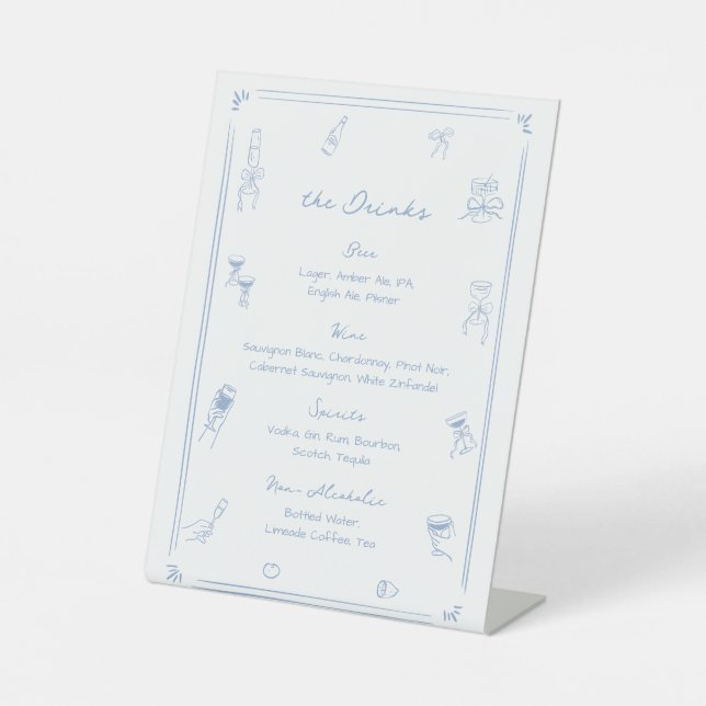 Hand Drawn Blue Wedding Bar Drink Menu Pedestal Sign (Front)
