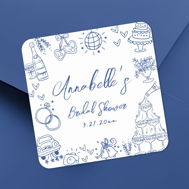 Hand Drawn Blue Whimsical Bridal Shower Square Sticker (Hand Drawn Blue Whimsical Bridal Shower Square Sticker)