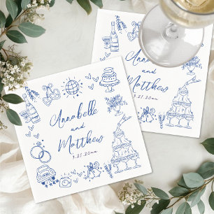 Hand Drawn Blue Whimsical Wedding Napkin