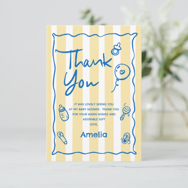 Hand Drawn Blue Yellow Ciao Baby Thank You Card (Standing Front)
