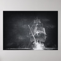 Hand drawn boat black and white poster