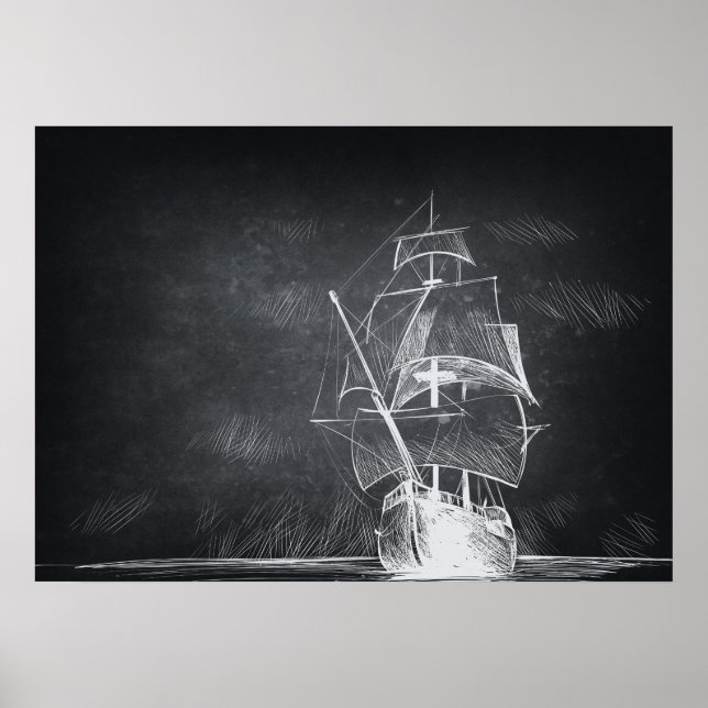 Hand drawn boat black and white poster (Front)