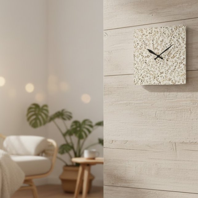 Hand Drawn Boho Leaf Pattern Square Wall Clock (Creator Uploaded)