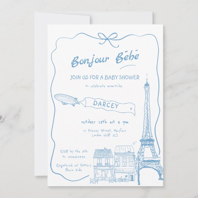  Hand Drawn Bonjour Bebe French Blue Baby Shower Invitation (Front)