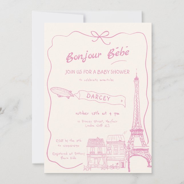  Hand Drawn Bonjour Bebe French Pink Baby Shower Invitation (Front)