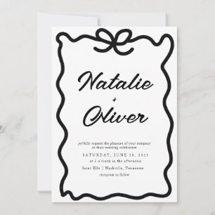 Hand Drawn Border Bow Black and White Wedding Invitation